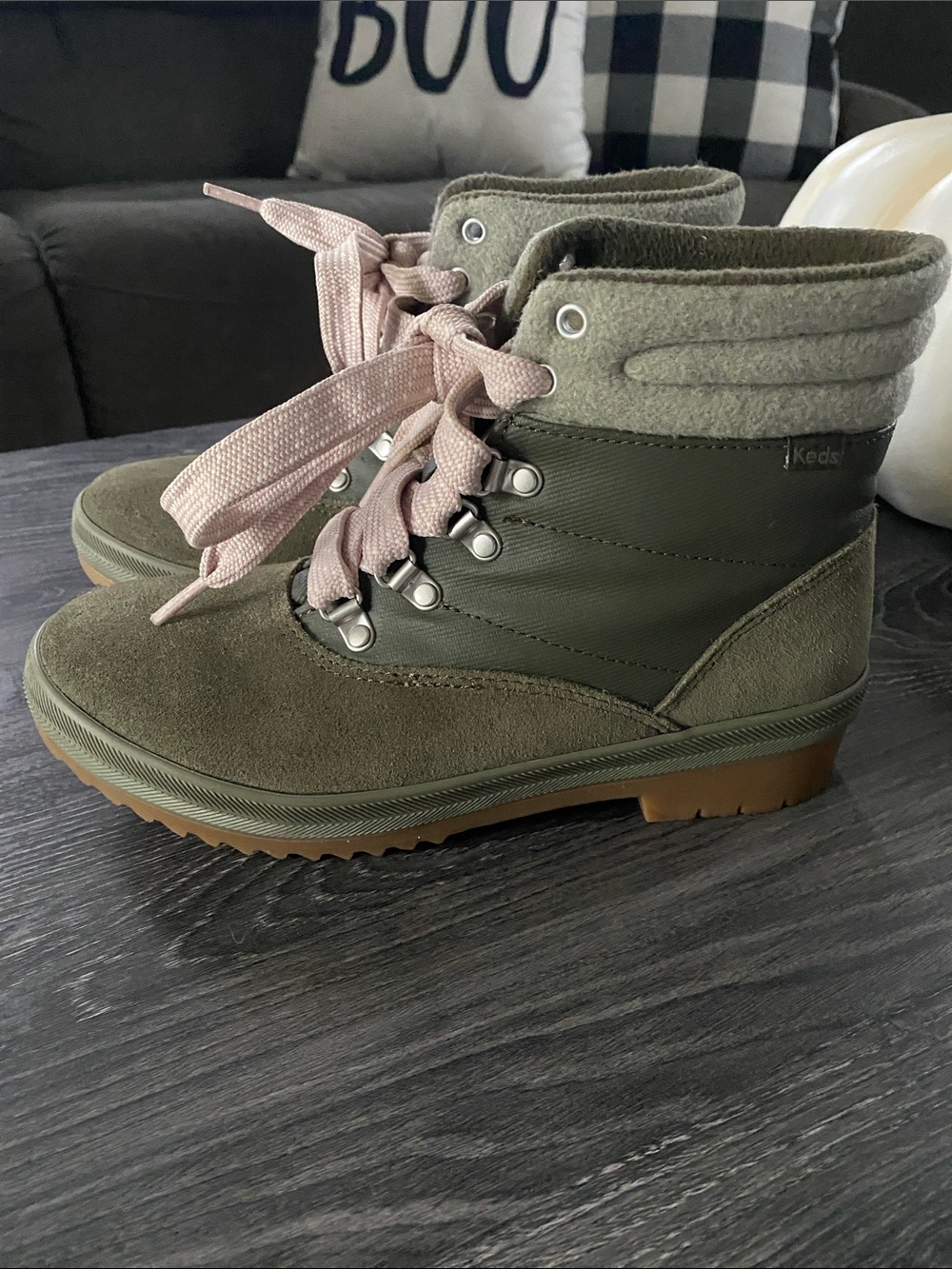 Keds Olive Green Suede & Textile Ankle Booties with Pink Laces